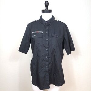 Throttle Threads  Women's Large Shirt Top ~ Short Sleeve Black Moto Pockets Tabs